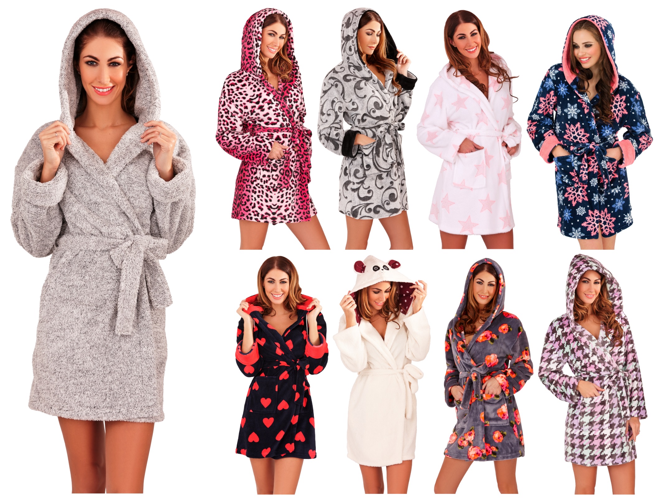 Womens Short Hooded Dressing Gown Bath Robe Housecoat + Belt Ladies